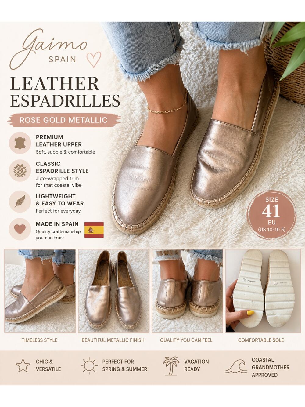 Gaimo Spain Leather Espadrille Slip On Flats Rose Gold Metallic Size41/US10-10.5